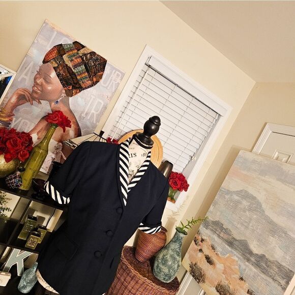 Vtg Navy Blue Kasper Notched Collar Pin Stripe Business Casual Short Sleeve Blaz - Picture 8 of 13